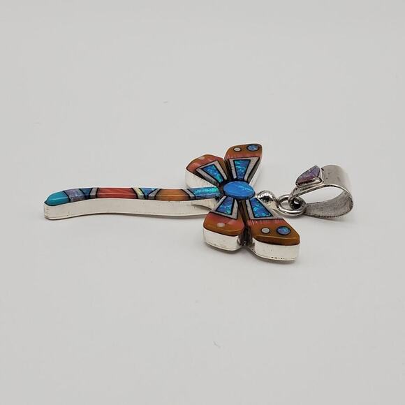 Dragonfly Blue Opal Orange Gemstone Micro Inlay Sterling Silver Pendant - Picture 4 of 7
